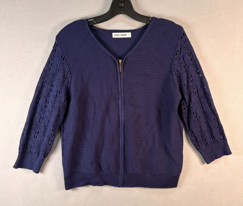 Grace Karin Navy Zip Front Cardigan Crochet Pointelle Sleeve Size Large